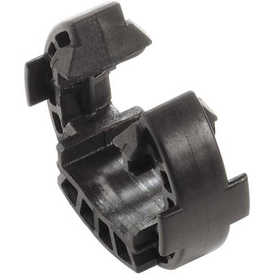 Plastic clip, black, curved, with multiple recesses and mounting provisions, potentially used for fastening purposes.