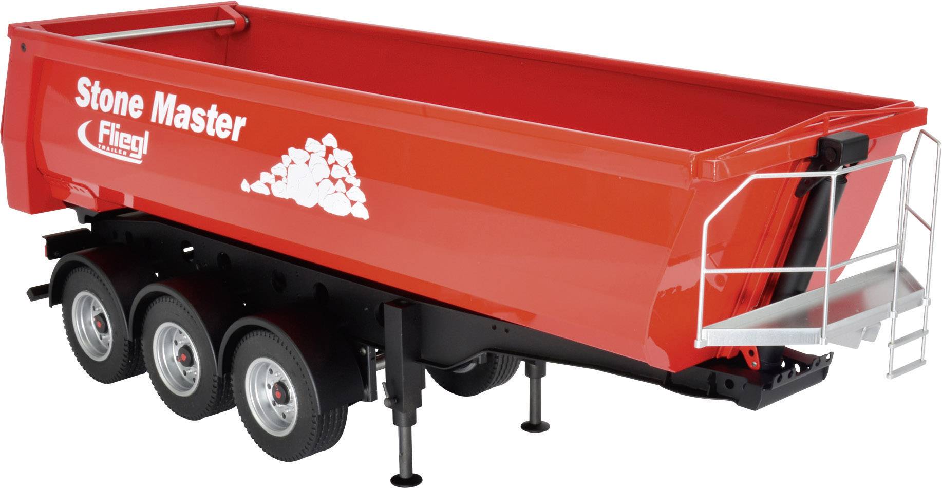 Red trailer with three axles, open loading area, white inscription 'Stone Master' and stone symbols on the side.