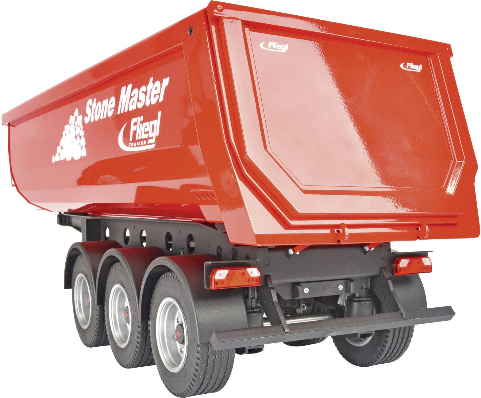 A red trailer with the inscription 'Stone Master Fliegl'. It has three axles and is designed for transporting heavy loads.