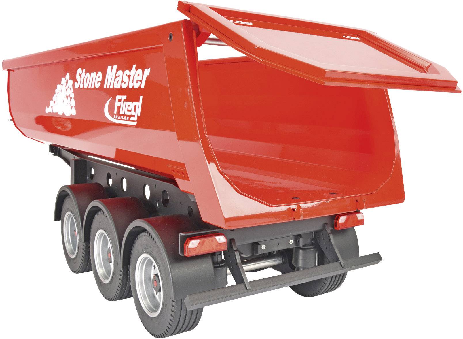 A red trailer with 'Stone Master' written on the side. The rear flap is open, and it has three axles.
