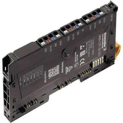 Electronic module, black, rectangular, with multiple connection ports on top. Weidmüller logo and technical information visible.