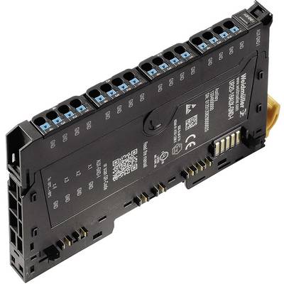 Black Weidmüller terminal block module with blue connection terminals, Model A2C 10 WE, suitable for industrial electrical connections.