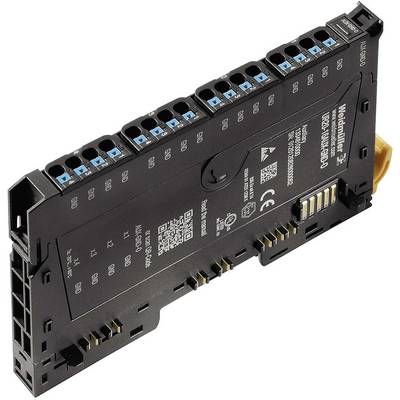 A black, rectangular electronic module with multiple blue ports and serial numbers labelled on the top surface.