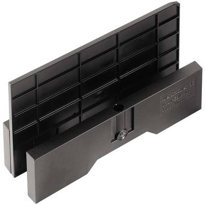 Black plastic cutting stop for stabilising wood cutting; rectangular shape with grid lines.
