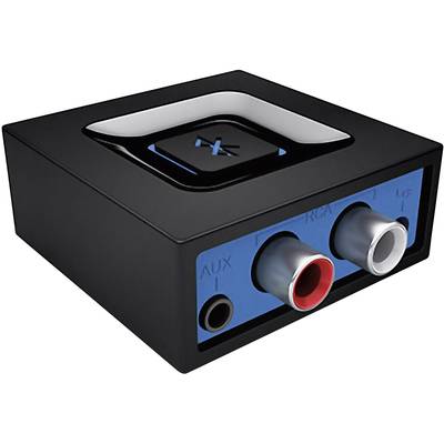 Black audio device with connections: Aux, red and white RCA, and a black button.