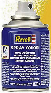 A blue spray can with the label 'Revell Spray Colour'. Yellow paint is spraying from the nozzle.