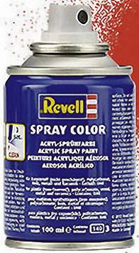 Revell spray can with red paint, suitable for models. Label describes contents and safety warnings.