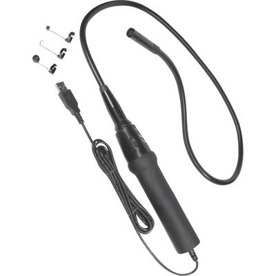 A black USB endoscope camera with a flexible cable and accessories. Ideal for inspecting hard-to-reach areas.