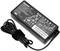 A black laptop power adaptor with cable and plug. On the top surface are technical specifications and safety certifications.