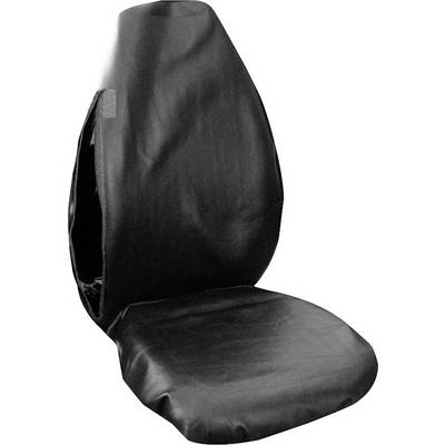 A black car seat cover that protects the entire seat and is made of a smooth, water-repellent material.