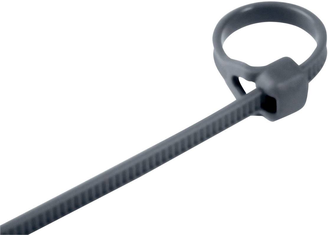 A grey cable tie with a lockable ring, used for securing and organising cables and wires.