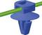 Blue plastic clip with a round base and an opening at the top, through which a green wire runs. Used for fastening.