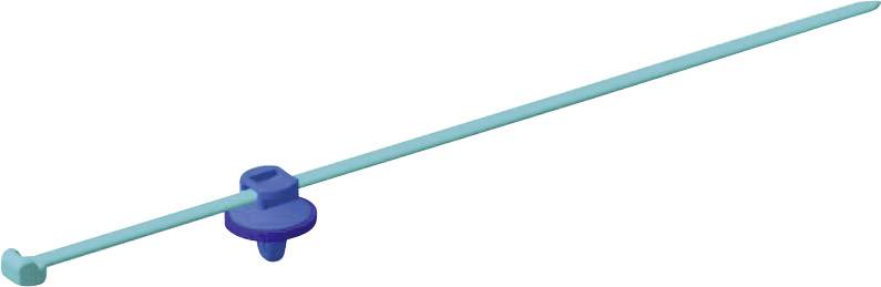 A long, thin blue rod with a round, adjustable disc and a hook at the end. Possibly used for securing or attachment purposes.