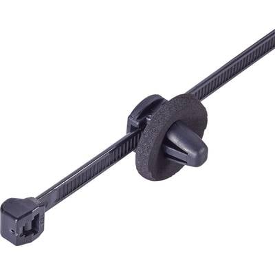 Black plastic cable tie with a fixed mounting element and foam pad for secure installation and vibration damping.