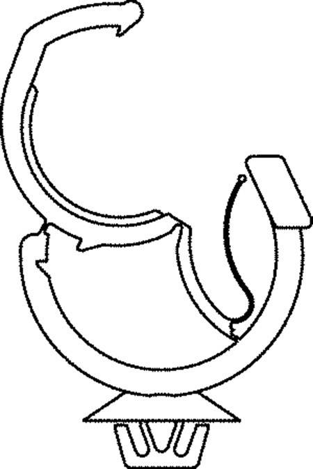 Technical drawing of a hook with a circular base and plinth. Depicts detailed components and connection points.