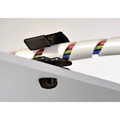 A cable with multiple colour codings is guided through a mount that ensures secure attachment to a flat surface.