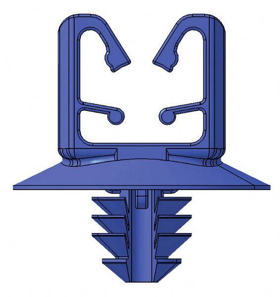 A blue plastic clip with a flat head and two protruding hooks that can be pressed into a surface to secure it.