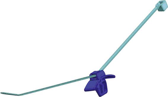 A long, blue cable tie with an integrated small lock at the end, lying on a white surface.