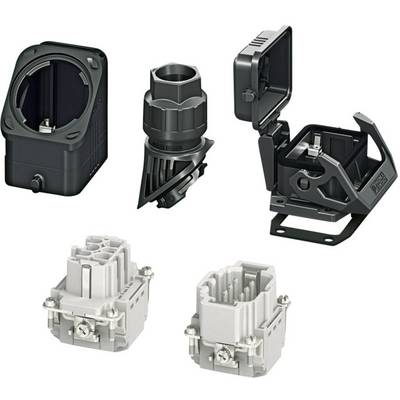 Two black connector housings and two grey plug contacts used for electrical connections.