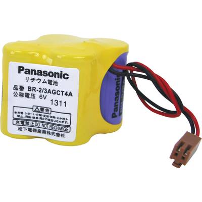 'Yellow Panasonic lithium battery with 6V, model BR-2/3AGCT4A. Has red and black cables, connected to a brown plug.'