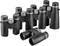 Several binoculars in different sizes are lined up. The binoculars have a modern-designed casing with large eyepieces.