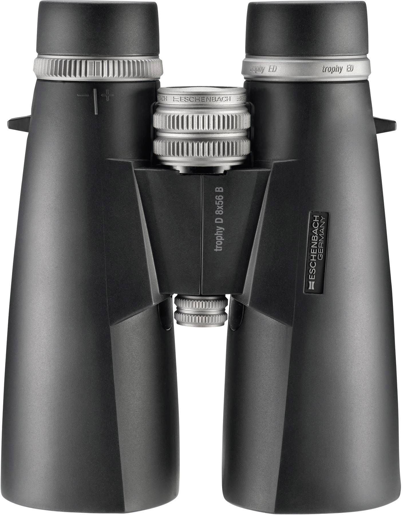 Binoculars with a black casing and grey focus wheels, front view. Brand: 'Eschenbach'.