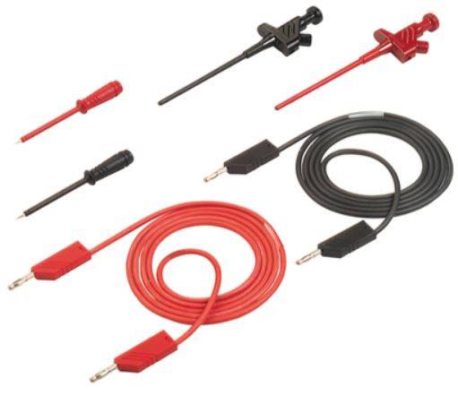 Several test probes and cables in red and black, used for electrical testing and measurements.