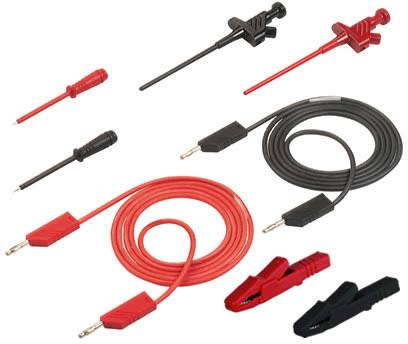 Various red and black test leads and clips for electrical testing, in different lengths and with various end attachments.