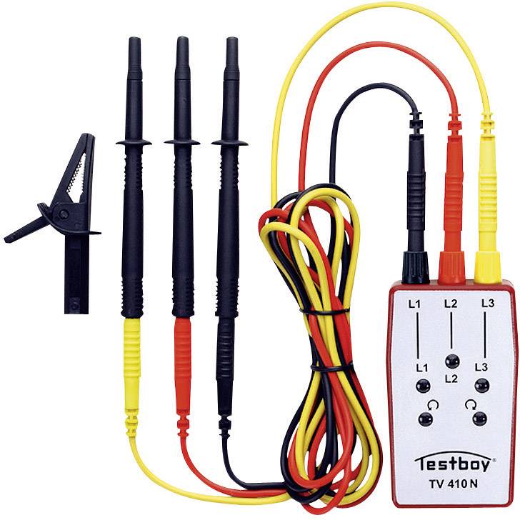 'Testboy TV 410N' voltage tester with three probes, crocodile clip and multi-coloured cables. Checking alternating voltages.