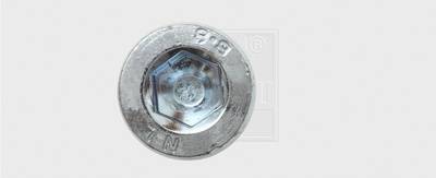 Hexagonal bolt with metal thread on a grey background, top-down view.