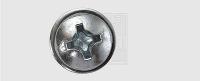 Close-up of a silver screw with a cross-head slot on a grey background.