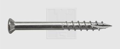 A silver metal countersunk screw with a long thread, photographed against a grey background.