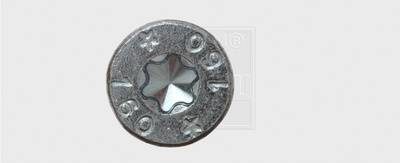 A silver screw with a six-point internal hexalobular drive and markings of '16001' and a star motif.