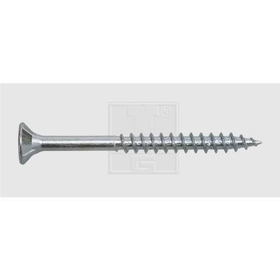A single silver screw with a flat head and pointed end on a grey background.