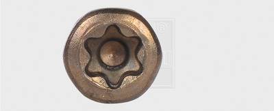 Close-up of a star-shaped screw head on a white background.