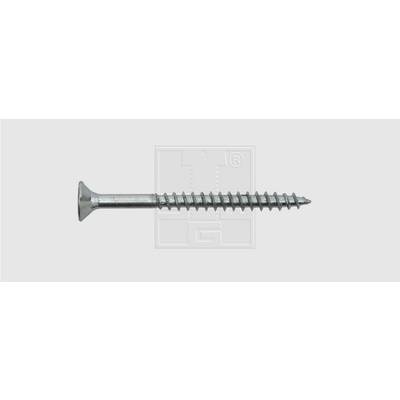 A silver wood screw with a countersunk head and full thread on a grey background.