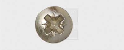 Close-up view of a silver screw from above, with a cross-head slot for a screwdriver.