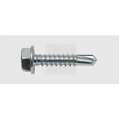 A silver-coloured self-drilling metal screw with a hexagonal head and washer, set against a light grey background.