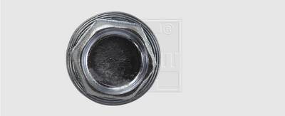 Black and grey metal bolt viewed from above, showing thread and hexagonal shape.