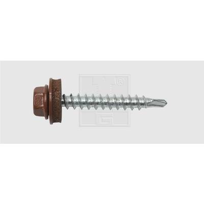 'Close-up of a metallic drill screw with a brown hexagonal head and washer on a white background, viewed from the side.'