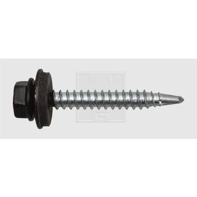 'A galvanised metal screw with a hexagonal head and black washer, suitable for woodworking projects.'