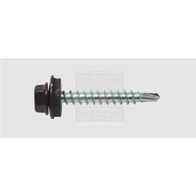 A self-tapping metal screw with a hexagonal head and dark washer, on a grey background.