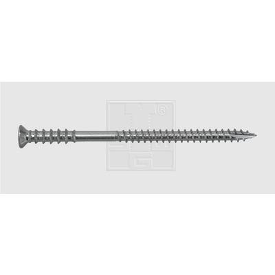 Single metal screw with full thread and countersunk head on a grey background.