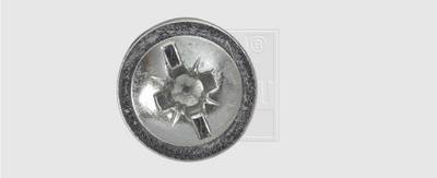 Close-up of a silver metal screw with a cross-head, viewed from above. Screw is centred on a grey background.