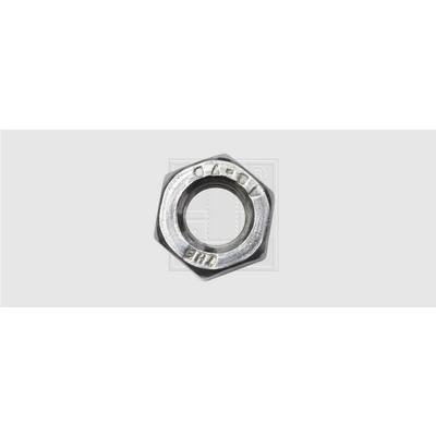Metal hexagonal nut with thread at the top.