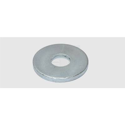 A single, flat, round metal washer with a central hole, on a neutral background.