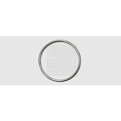 A silver keyring lies on a white background. The ring is made of metal and has a shiny surface.