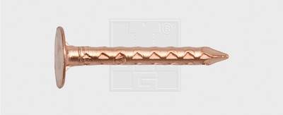 A single copper nail with a serrated shaft on a light grey background.