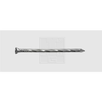 A metal nail with a screw-like structure, a pointed end, and a flat head, against a grey background.