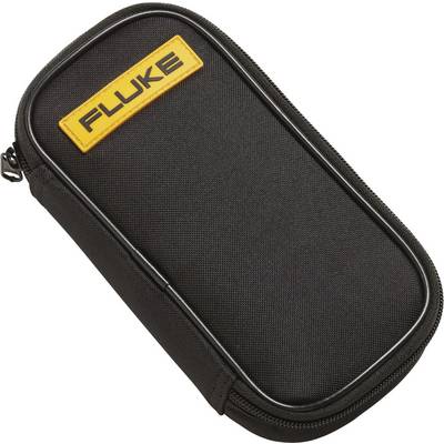 A black, rectangular case with a zip and a yellow label bearing the inscription 'FLUKE'.